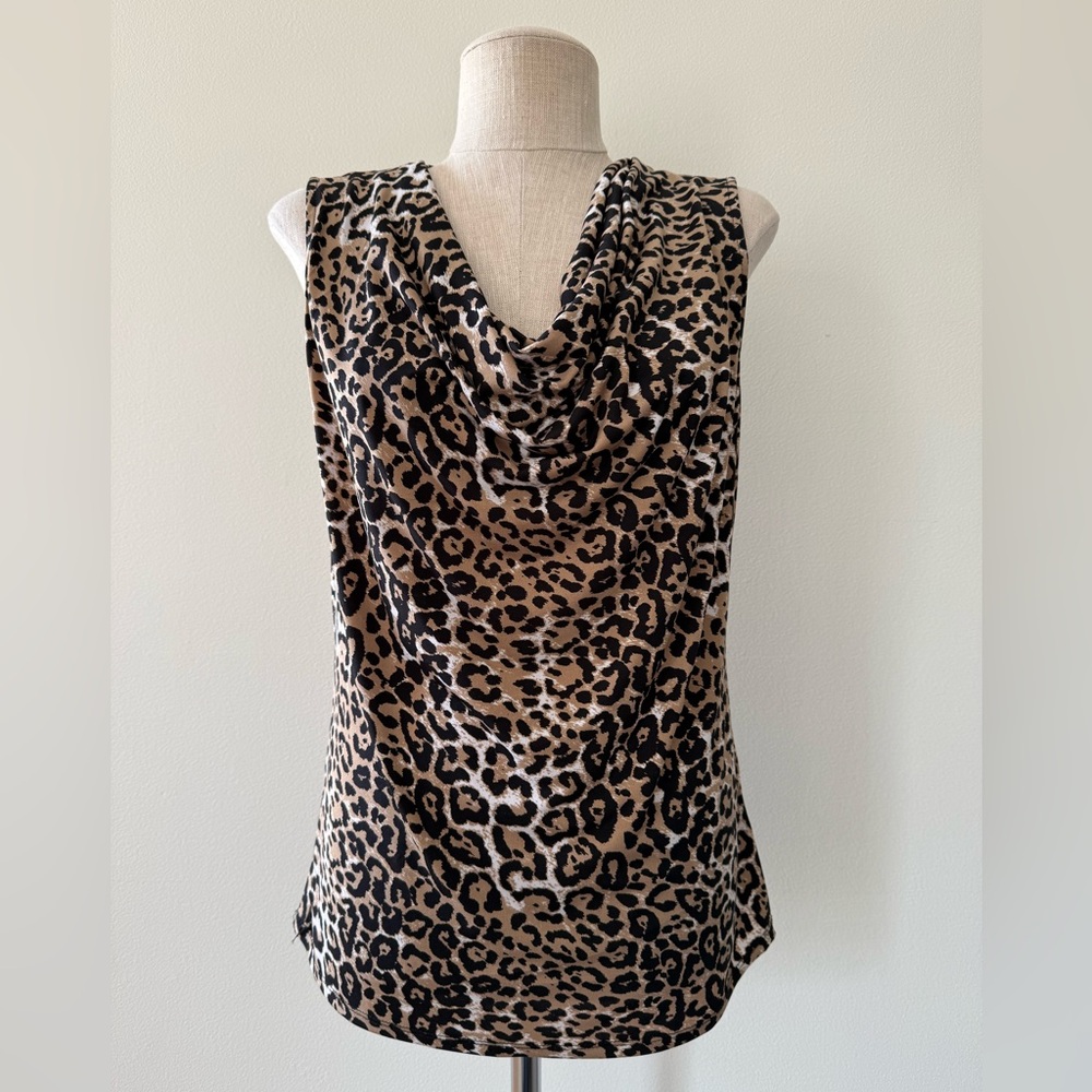 Ellen Tracy Leopard Print Cowl Neck Sleeveless Top Tank Blouse Animal Cheetah - Picture 2 of 8